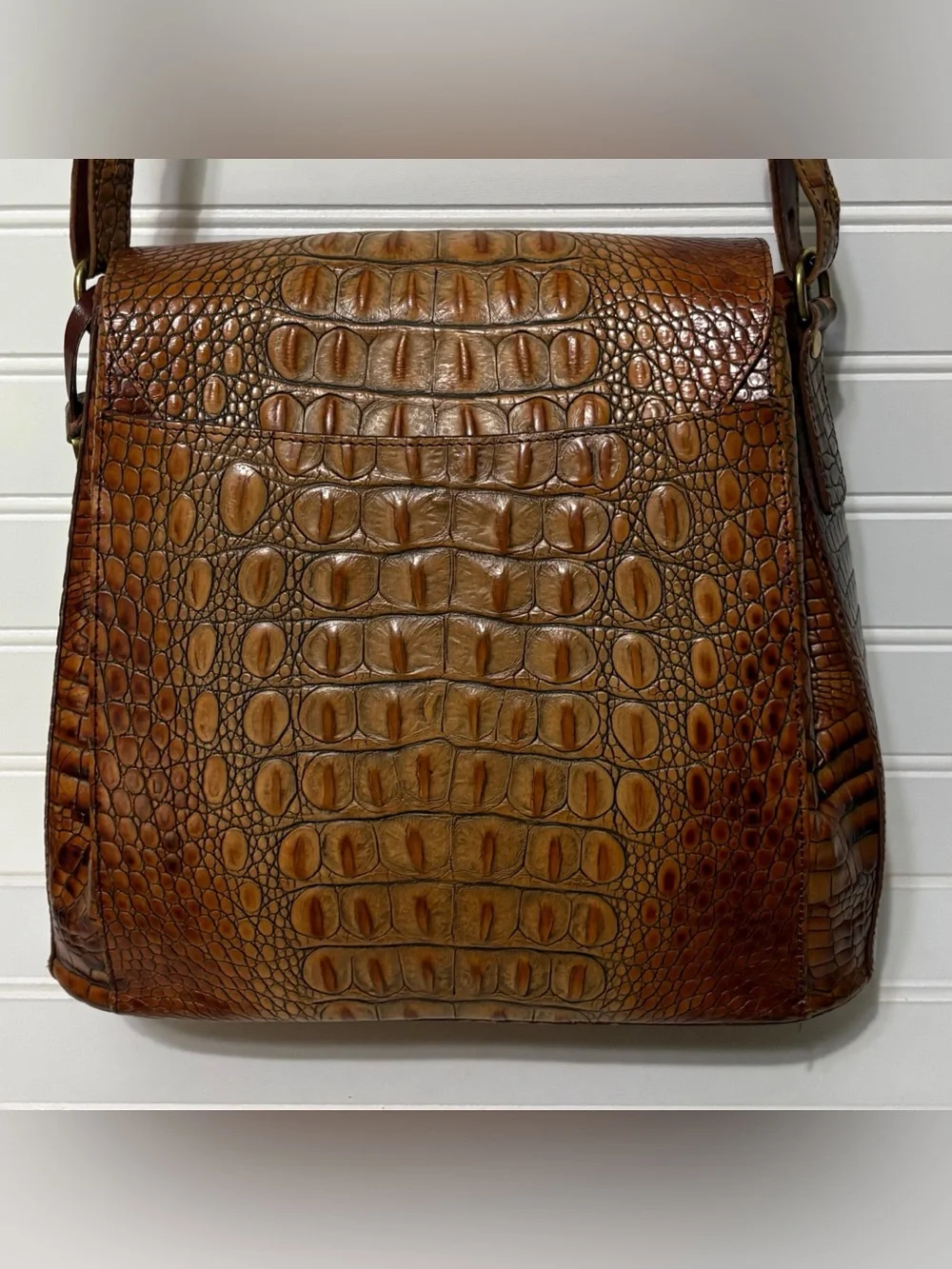 BRAHMIN Vintage Pecan Melbourne Croc Leather Satchel Shoulder Bag Tote Purse